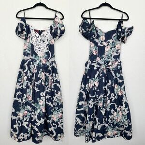 Scott McClintock Vtg Floral Fit Flare Midi Dress Bow Tulle Blue Empire Women's 4